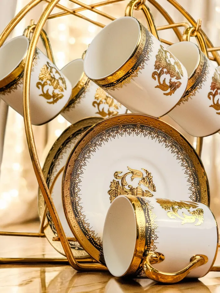 14K Genuine Gold Powder Porcelain Tea Cups And Saucers | Tea Cups Saucers Set | Gold Porcelain Set | Elegant Teaware | Gift For Tea Lovers