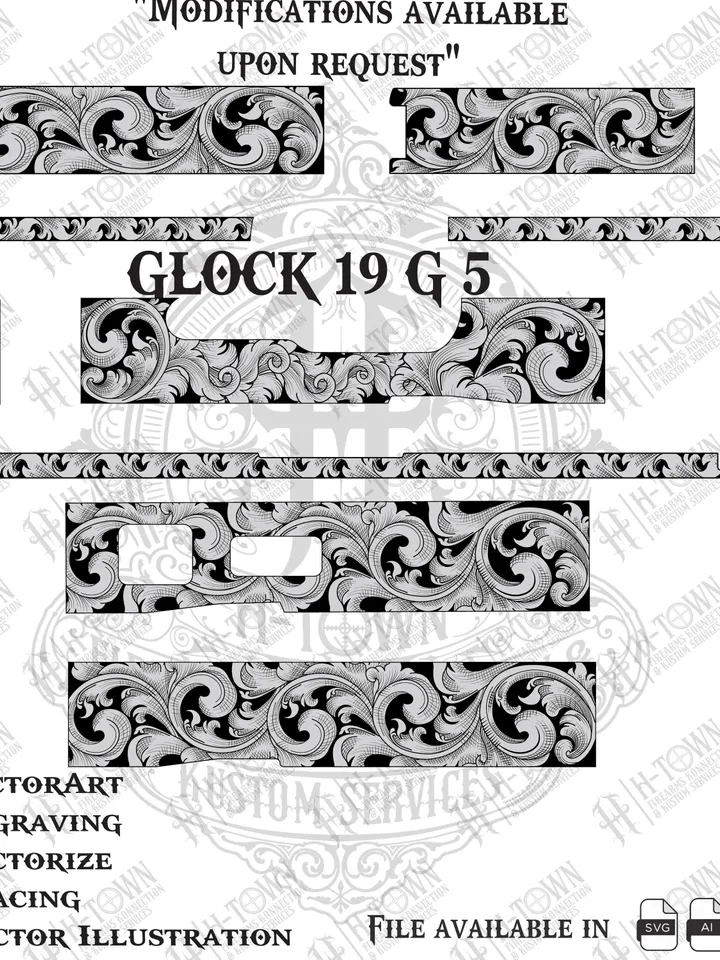 GLOCK 19 Gen 5 Engraving Scroll Vector | Ornamental Grip Design | Full Slide Svg Png AI EPS | Custom Laser Template