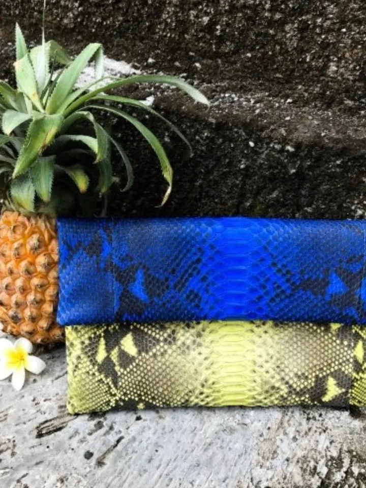 Genuine python skin blue and yellow colorblock handmade clutch, classy elegant leather envelope bag, purse free shipping, flat snake clutch