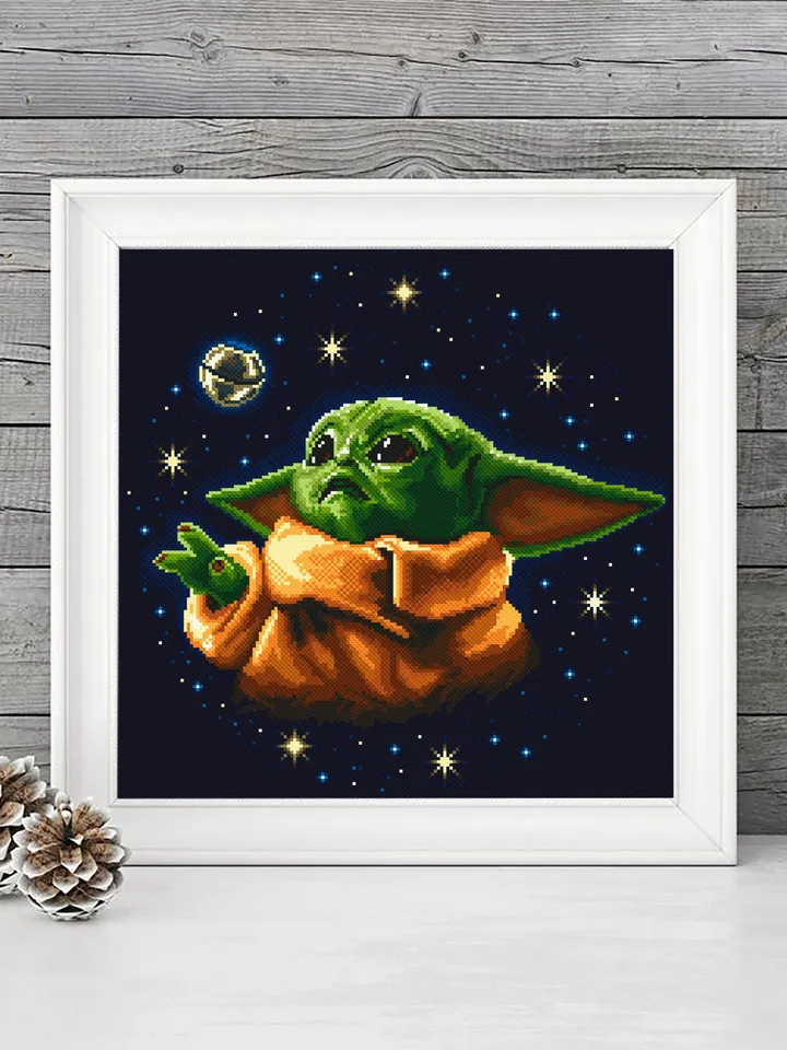 Green baby Yoda Grogu  cross stitch pattern instant download PDF, Fantasy movie Mandalorian heroes cross stitch chart, Fun art,  Star Wars Characters, Starry night sky #SW1