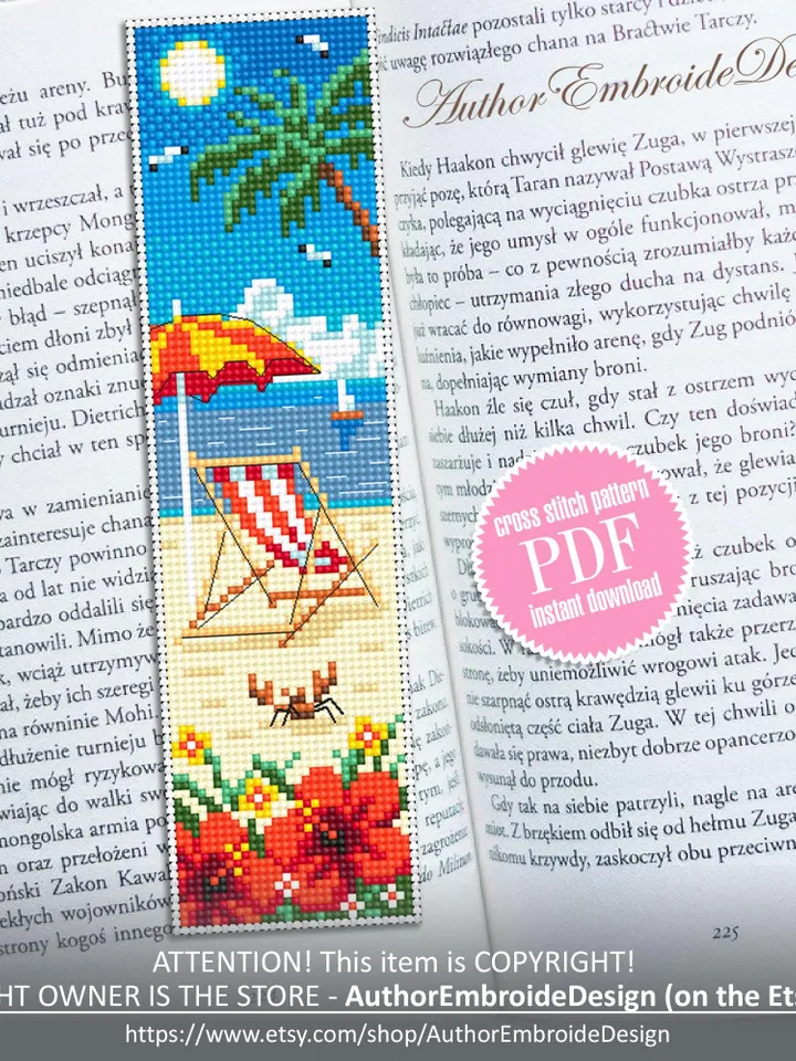 Beach bookmark cross stitch pattern PDF download Summer cross stitch chart, Summer vacation bookmark pattern digital Beach life Hawaii #B433