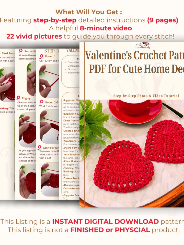 Crochet Heart Diy Pattern PDF, Easy Valentine Crochet Applique, Beginner-Friendly Romantic Heart Coaster DIY, Instant Download Pattern