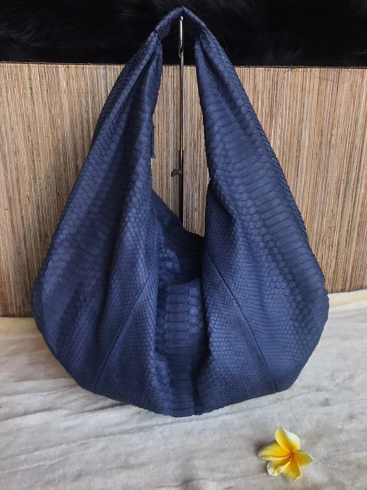 Big Soft Hobo Classy Sport Woman Bag | Purse Genuine Python Skin | Python Skin Products | Blue Big Elegant Leather Designer Soft Bag Snake