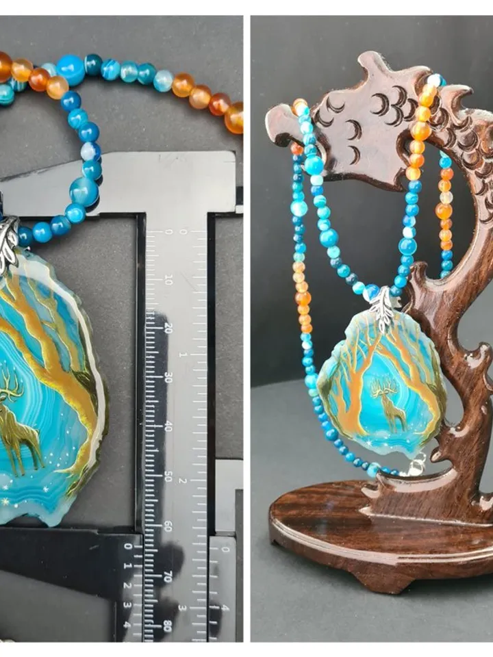 Deer necklace Agate necklace Real oil painting of deer Lacquer miniature