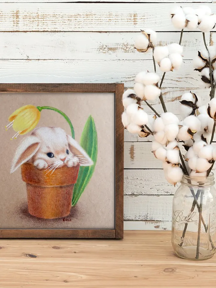 Children's Cute Bunny Painting/Colored Pencils Rabbit Picture/Animal Painting/Bunny Wall Decor Painting for Girls Room/Bunny & Yellow Tulip