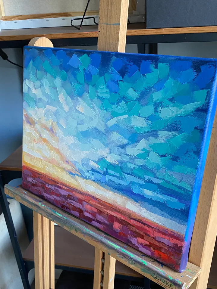 Seascape Painting Ocean Original Art Abstract Landscape Artwork Oil On Canvas 14x18" Sunset Clouds Wall Art