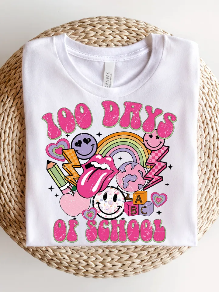 Happy 100 Days Of School PNG, Groovy Smile 100th day, Trendy Teacher png, PNG Download, Girl Shirt, Png Download, School Sublimation
