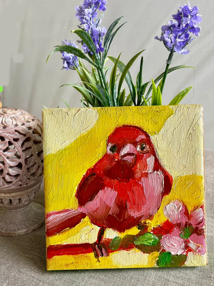 Red Summer Tanager Painting, Bird Original oil Painting on Canvas, Wildlife Art, Miniature Artwork 4"x 4"