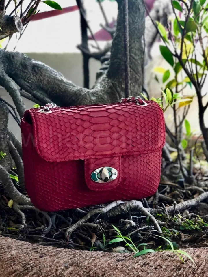 Genuine Python Skin red summer small bag| Adjustable Chain Classy Elegant Bright Classy Crossbody Small Lady Summer Purse | Gift for her