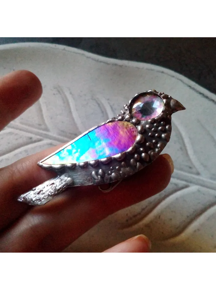 Stained glass bird brooch, Hummingbird iridescent stained glass pin, exotic Tropical bird brooch