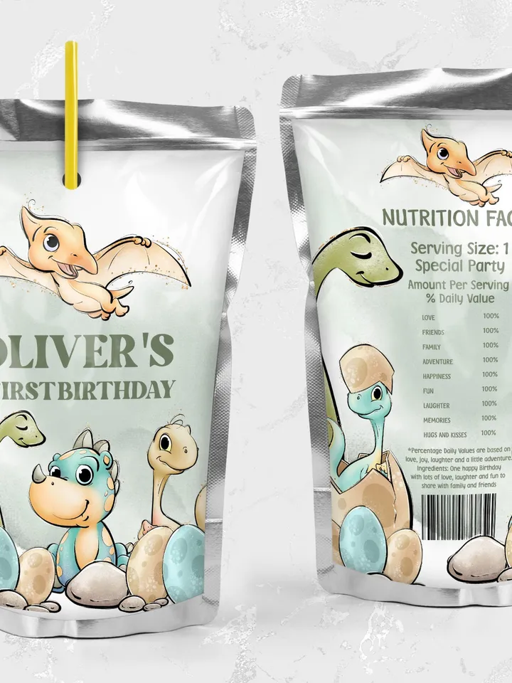 Editable juice label Dinosaur First Birthday Label; Dinosaur Party; Dinosaur Party Birthday Template Instant Download; di1