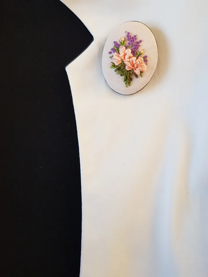Ribbon embroidered brooch for her, hand embroidery jewelry, art.35