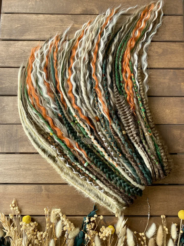 Brown blonde green and ginger synthetic curly de dreads Ready to ship π