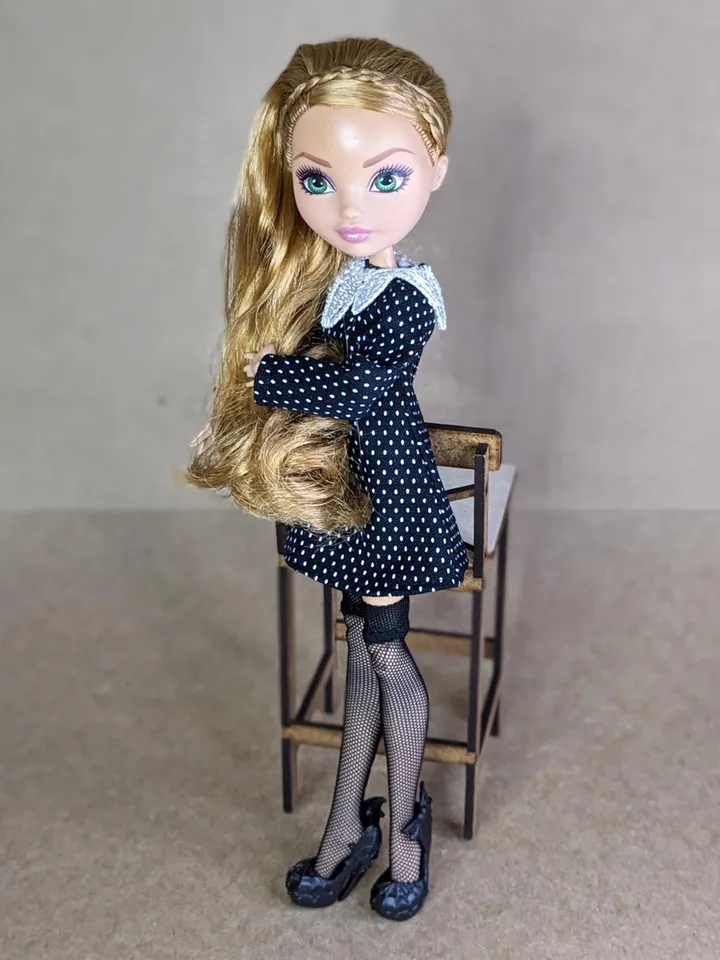 Handmade polka dot black mini dress for 10.5-inch female dolls (MH, EAH)