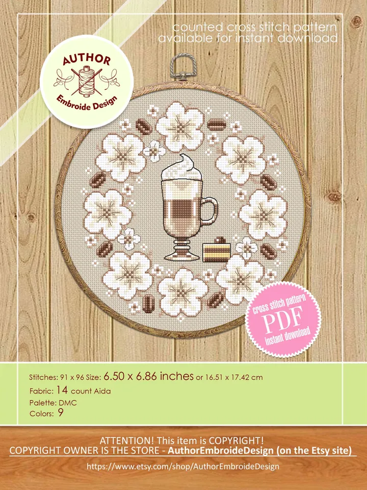 Coffee cross stitch pattern PDF download Latte cross stitch chart, Floral coffee pattern digital PDF, Flower wreath, Coffee lover gift #F19