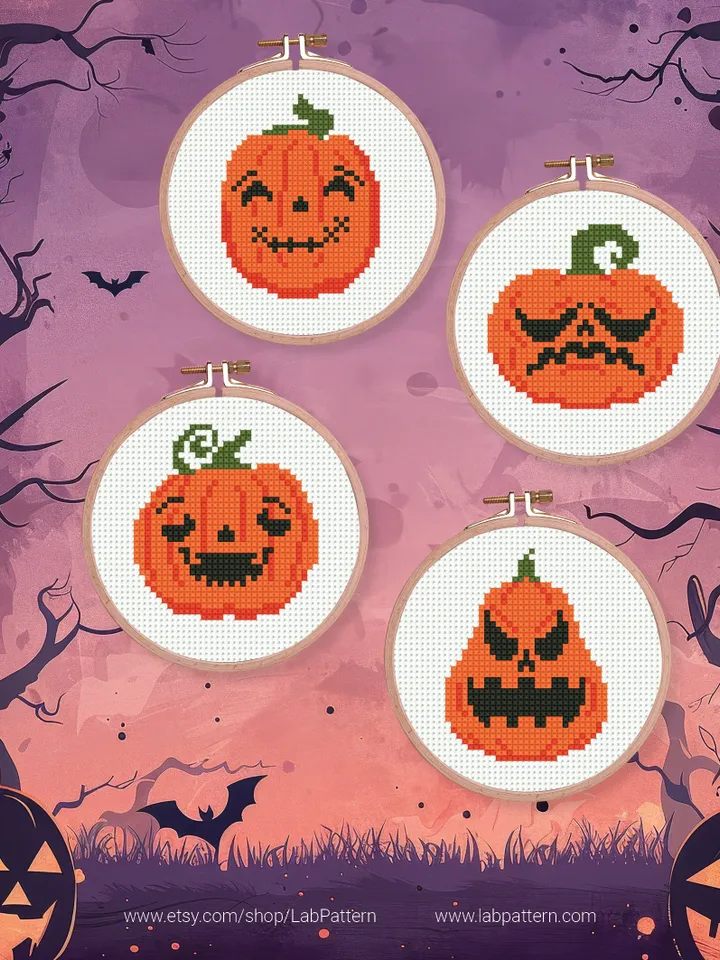 Bundle 10 mini pumpkin Cross stitch patterns, Halloween, Trick or Treat, beginner counted, modern chart, gift DIY, embroidery, instant PDF