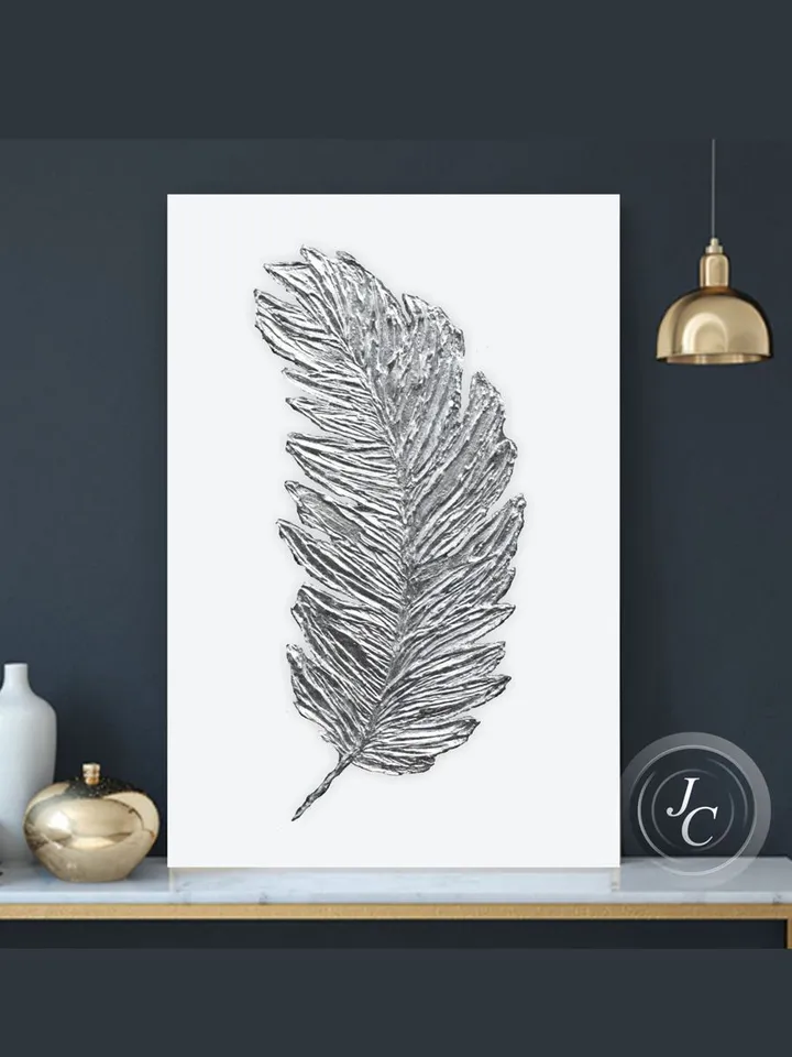 Silver Feather Abstract Wall Art Original Painting Textured artwork Silver wall decor Modern wall art