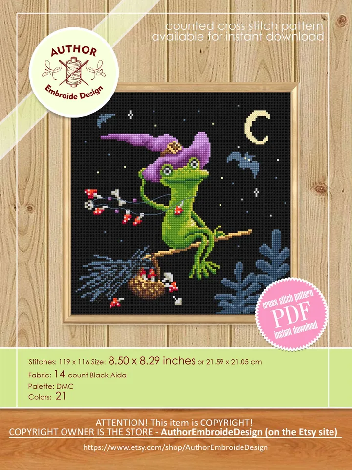 Halloween witch frog cross stitch pattern PDF download Halloween cross stitch chart Cute frog pattern digital PDF Funny frog embroidery #H73