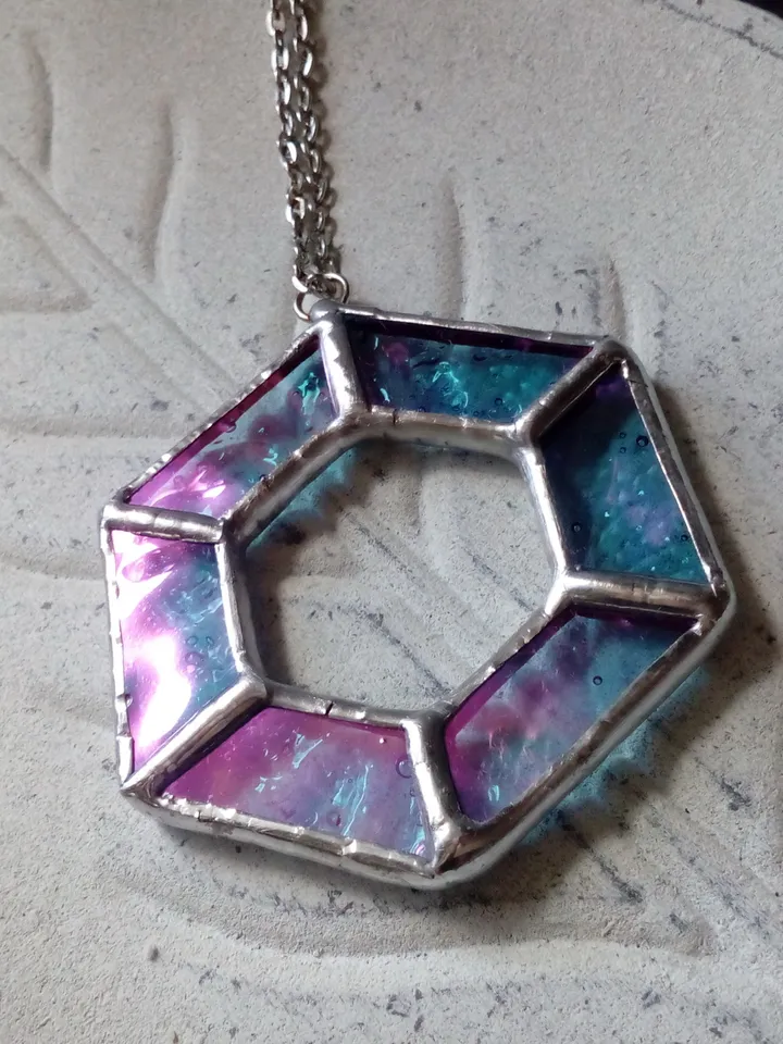 Iridescent stained glass, geometric pendant, Hexagon dichroic necklace, Stained glass cute necklace, Sacred geometry
