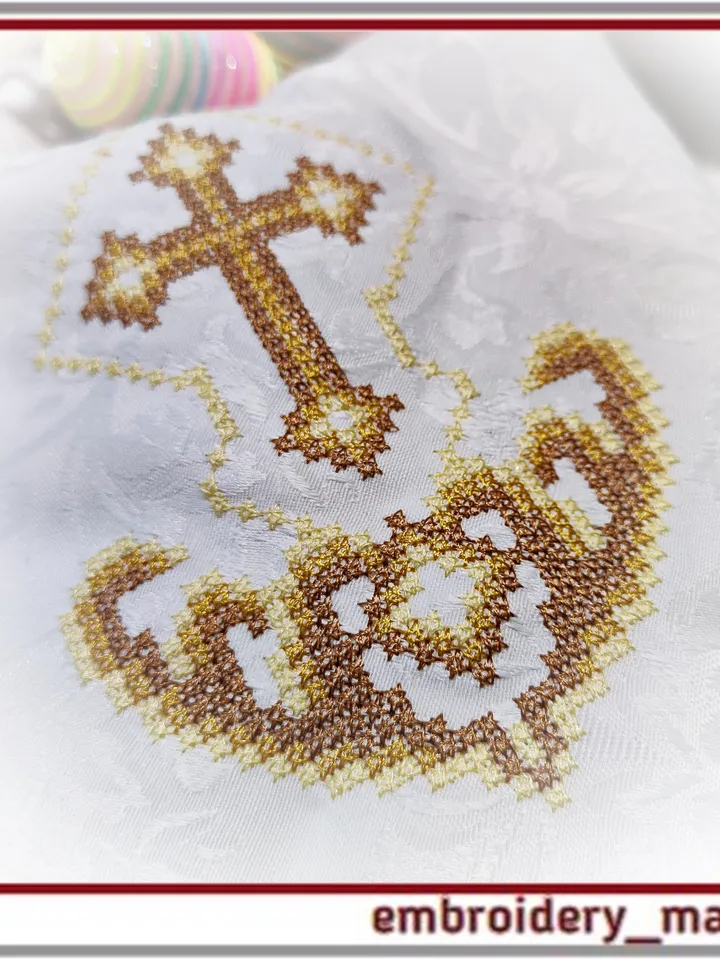 Easter Embroidery Design – Christian Cross border, corner vintage French Cross Stitch