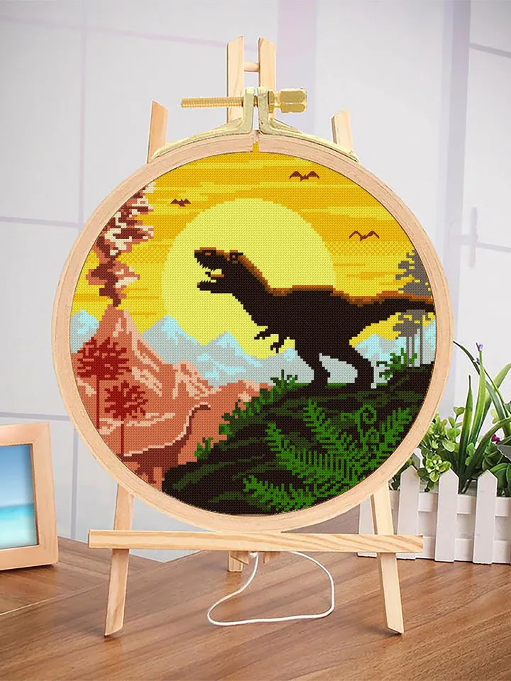 Dinosaur cross stitch pattern download PDF, Ancient animal cross stitch chart, Mountain landscape cross stitch, Nature beginner stitch #D6
