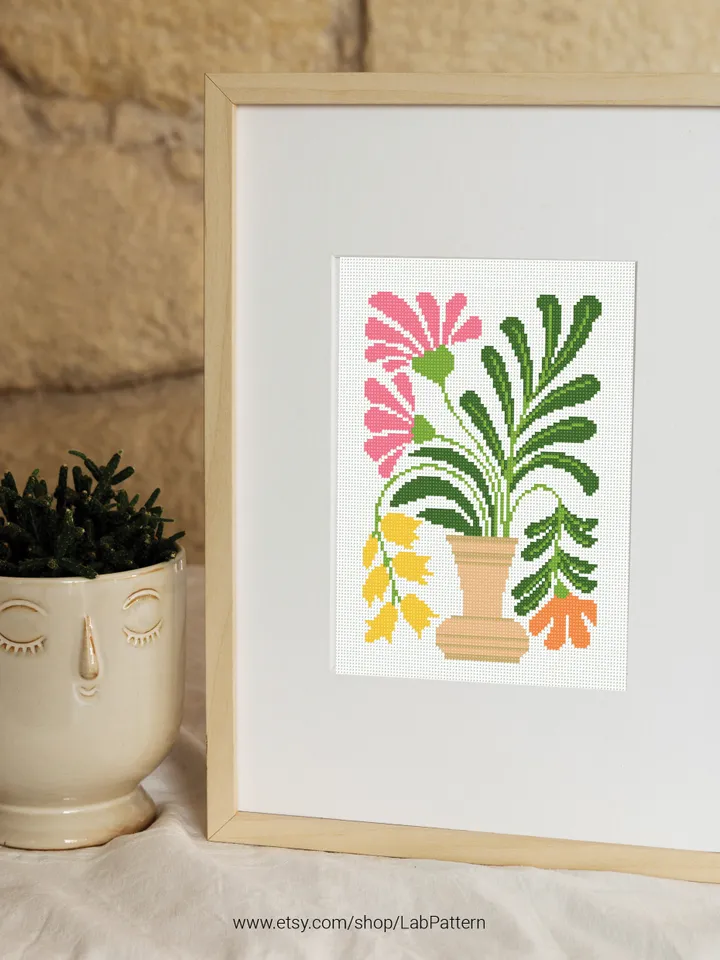 Bundle of 4 mini contemporary Flowers in pots Cross stitch patterns Abstract floral Plant beginner counted modern DIY embroidery instant PDF