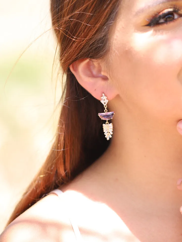 Art Deco Wedding Earrings For Bride, Purple Gold Statement Bridal Jewelry, Boho Bridal Earrings, Retro Fan Chandelier Stetement Earrings,