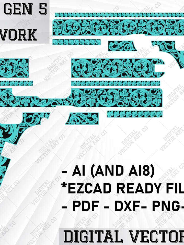 Glock 17 Gen 5 Scrollwork,Beautiful scroll design for glock,deep engraving,vintage,laser cut file,customs artwork,metal design,vector design