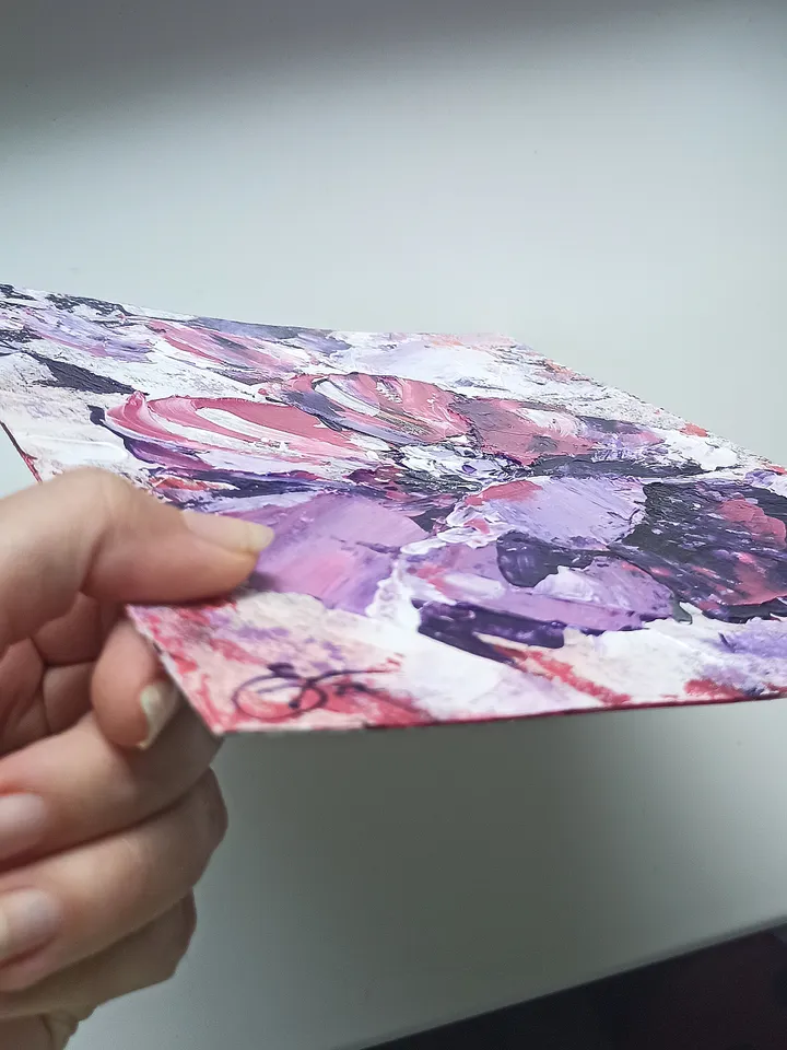 Abstract painting with garden flowers, "Peony flower", original acrylic painting on cardboard 25x20cm in a white wooden frame