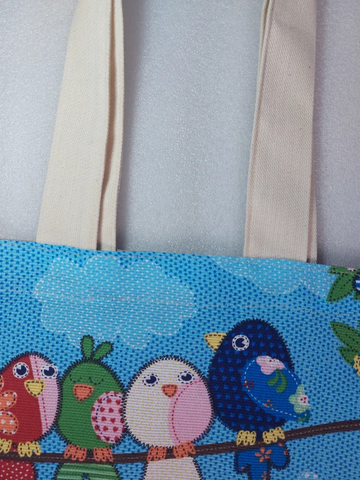Strong reusable beige tote bag, eco friendly, cotton canvas bag with birds