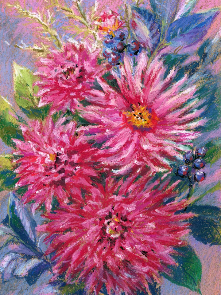 Flowers Bouquet Asters Drawing with oil pastels on A4 craft paper