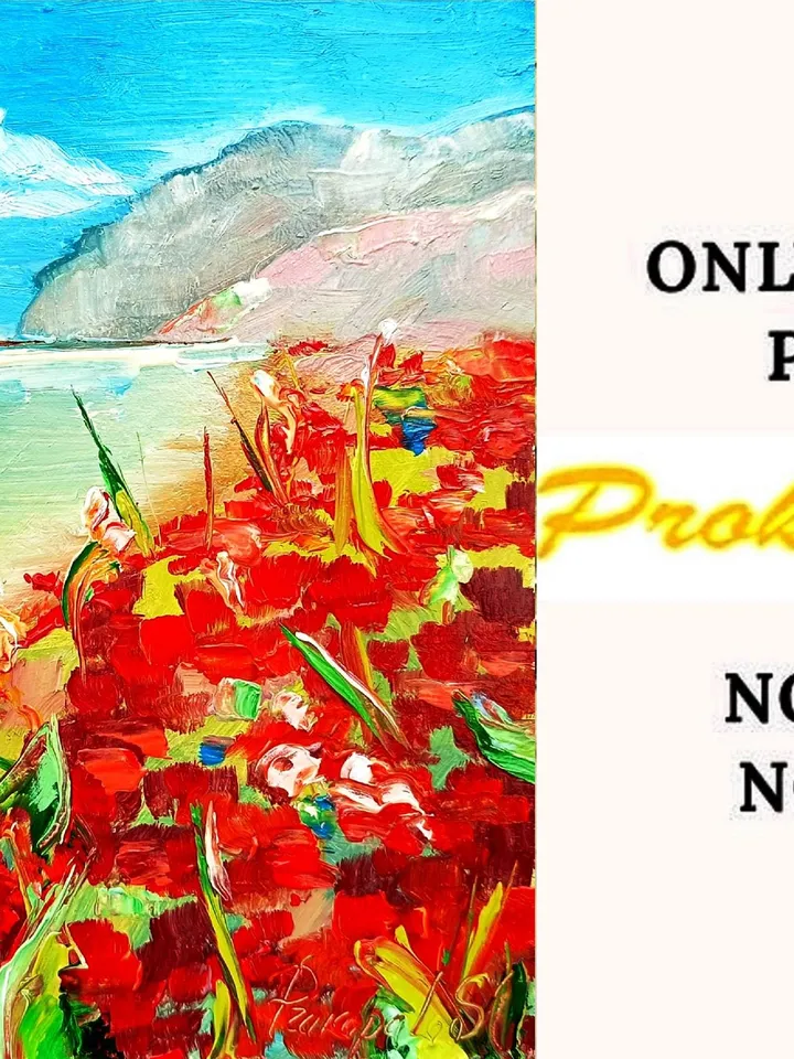 Point Reyes Painting Red Poppies Fields Impasto Art California Seascape Original Artwork Travel Gift Gifts  8 x 8 by ArtProkopaloSv