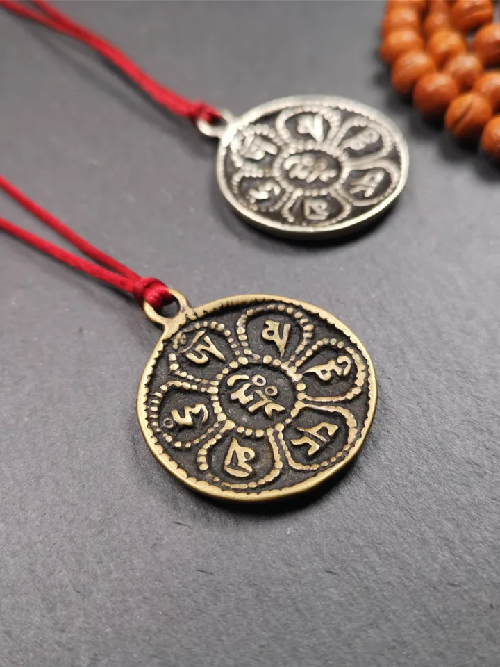 Gandhanra Handmade Tibetan Buddhist Amulet,Om Badge Pendant, Mantra of Om Mani Padme Hum, Made of Brass,1.26"