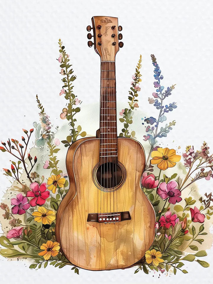 10 Vintage Floral Guitar Clipart, Printable Watercolor clipart, High Quality JPGs, Digital download, Paper craft, junk journals
