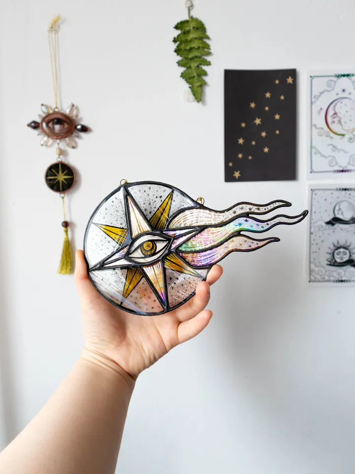 Stained glass ornament, Celestial home decor, Star Art