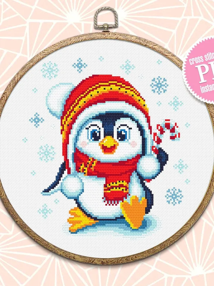 Cute baby penguin cross stitch pattern download PDF, Christmas cross stitch, Easy beginner stitch, Christmas penguin hand embroidery #N63