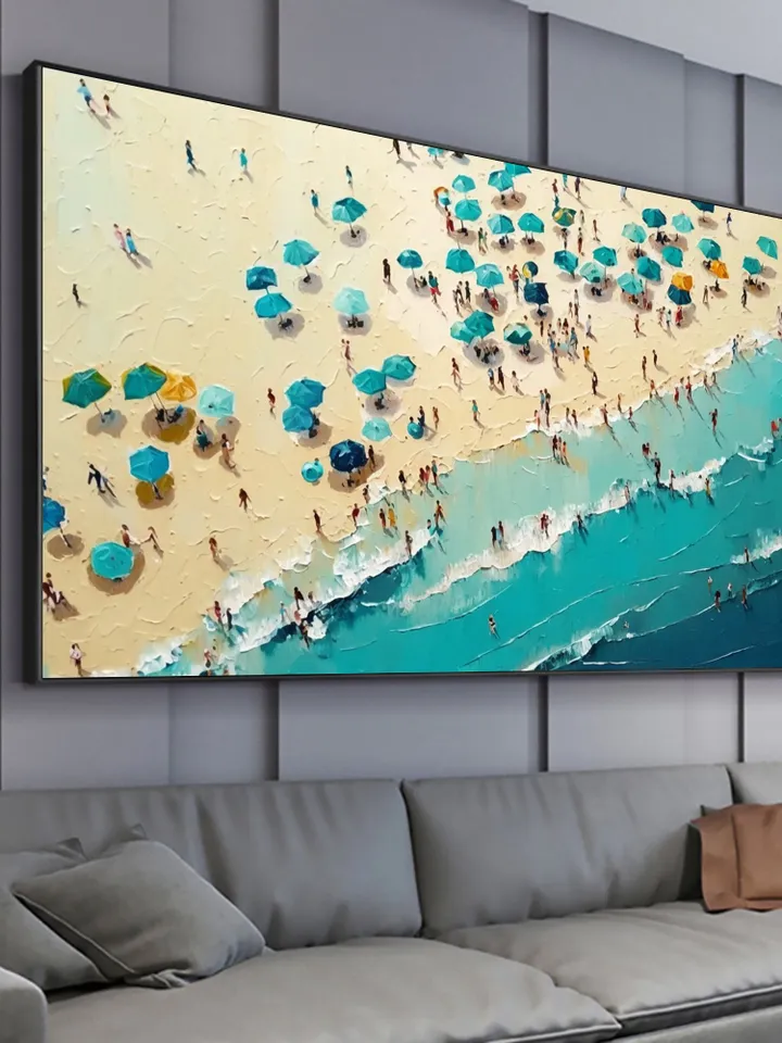 Large Original Beach Oil Painting on Canvas, Abstract Blue Seascape Painting, Texture Wall Art, Custom Painting, living room Wall Decor