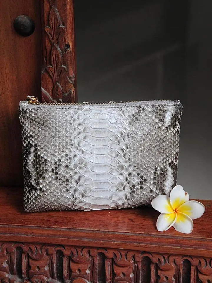Genuine python skin grey cosmetic bag/ Purse Insert Organizer/ Bag Insert For Tote Bag/ exotic leather wallet / small snake skin clutch
