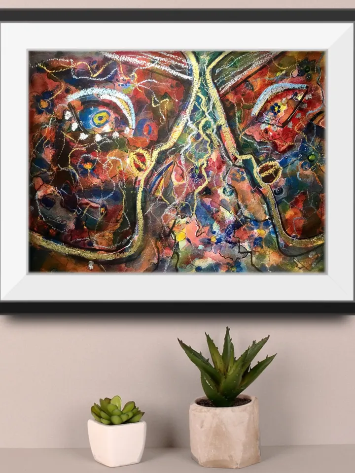 Original Abstract fantasy faces, watercolour mix media one of a kind painting on watercolour 400 g paper,home decoration or gift.