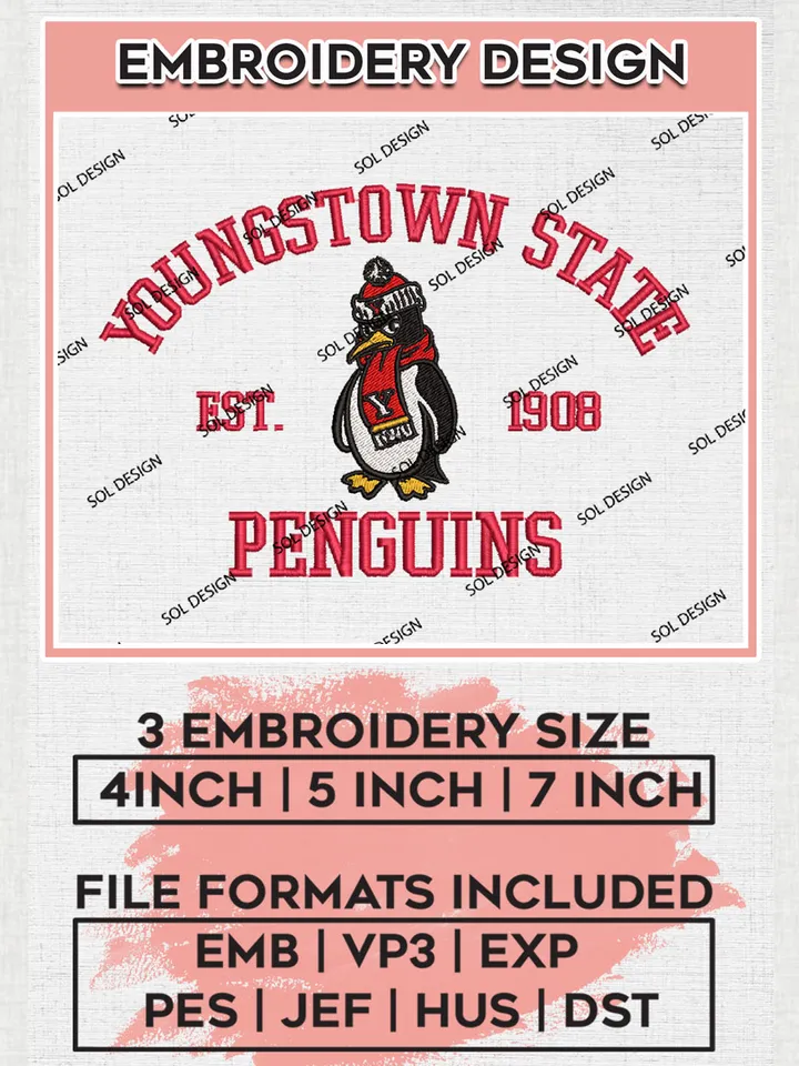 Youngstown State Penguins Est 1908 Embroidery Designs, NCAA Youngstown State Penguins Team Embroidery, NCAA Team Logo, 3 sizes, Machine embroidery Files, Digital Download