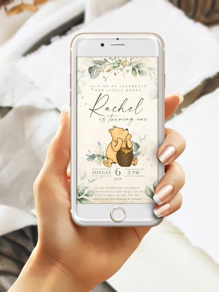 Classic Winnie Pooh Baby Birthday Digital Invite; Wizard  Baby Birthday Evite; Boy Baby Birthday; Honey Bear Evite; Winnie Invite Template