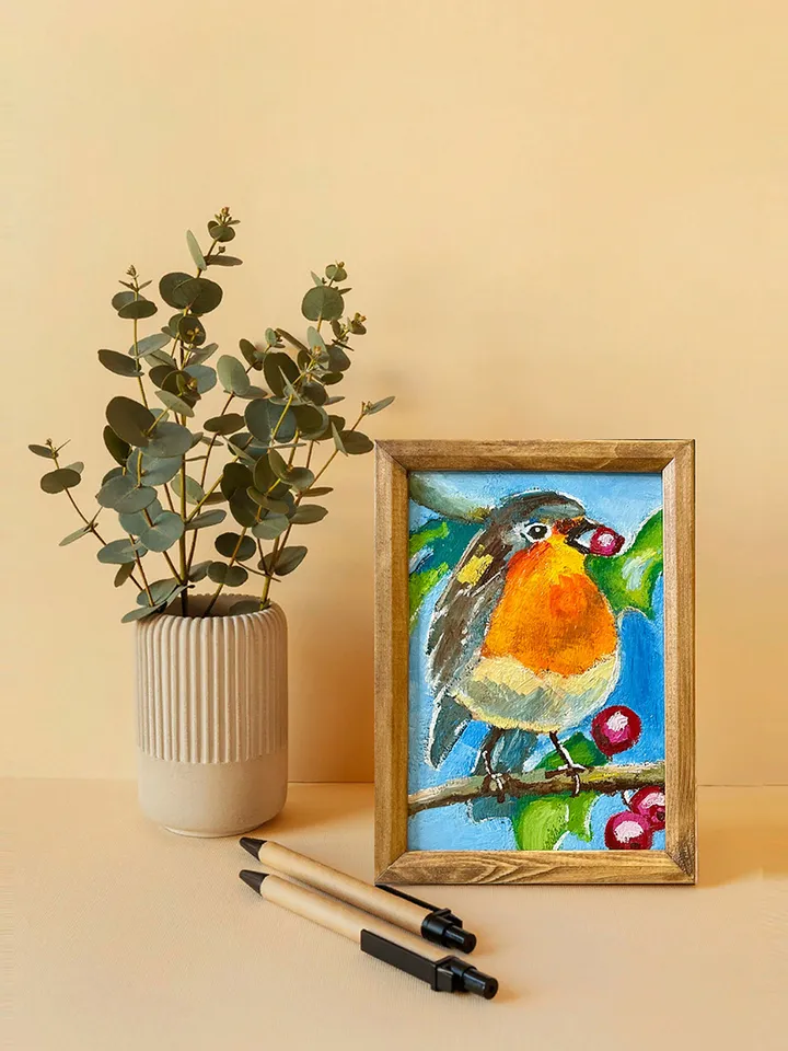 Robin bird painting, original oil painting, Framed animal art