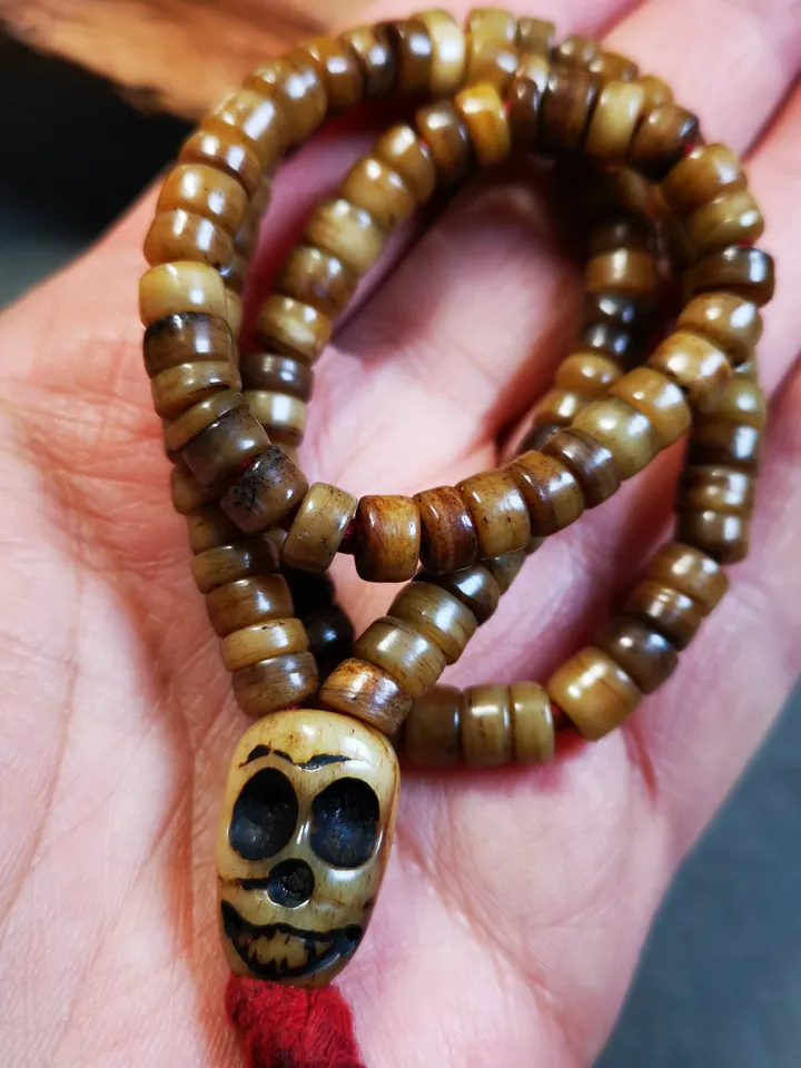 Gandhanra Original 6mm Tibetan Yak Bone Mala Beads Necklace, Hand-carved Tibetan Prayer Beads