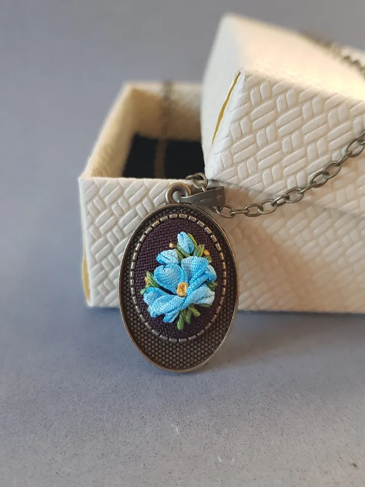 Ribbon embroidered pendant for her, blue jewelry embroidery