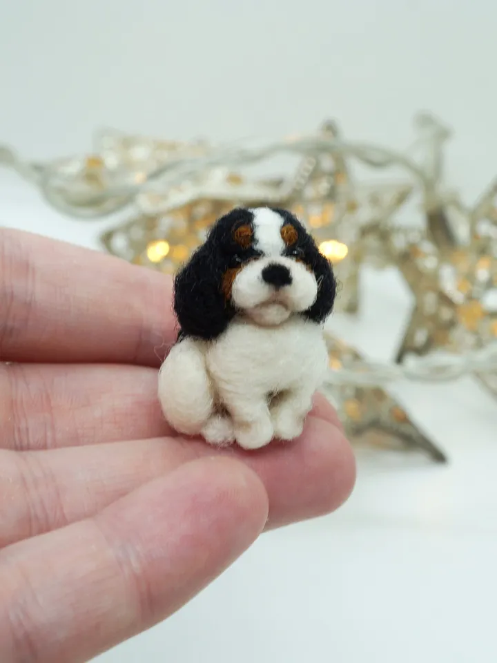 Tiny needle felted Cavalier King Charles spaniel, miniature dog, black and white, made to order