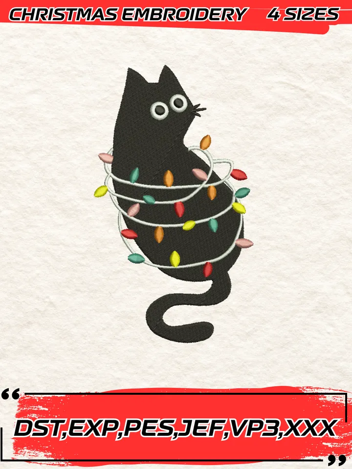 Black Cat Christmas Embroidery Design,Christmas Embroidery Design,4 Sizes, Digital Download #6