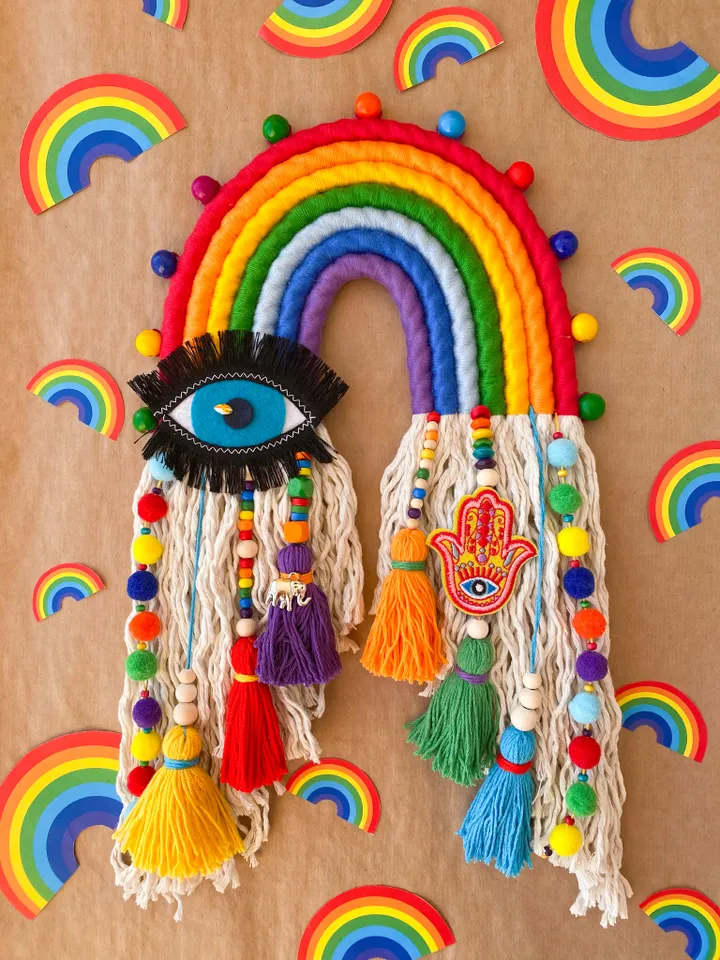 Macrame rainbow wall hanging, Evil eye and hamsa hand, Hippie room decor, Housewarming gift, Dorm room decoration