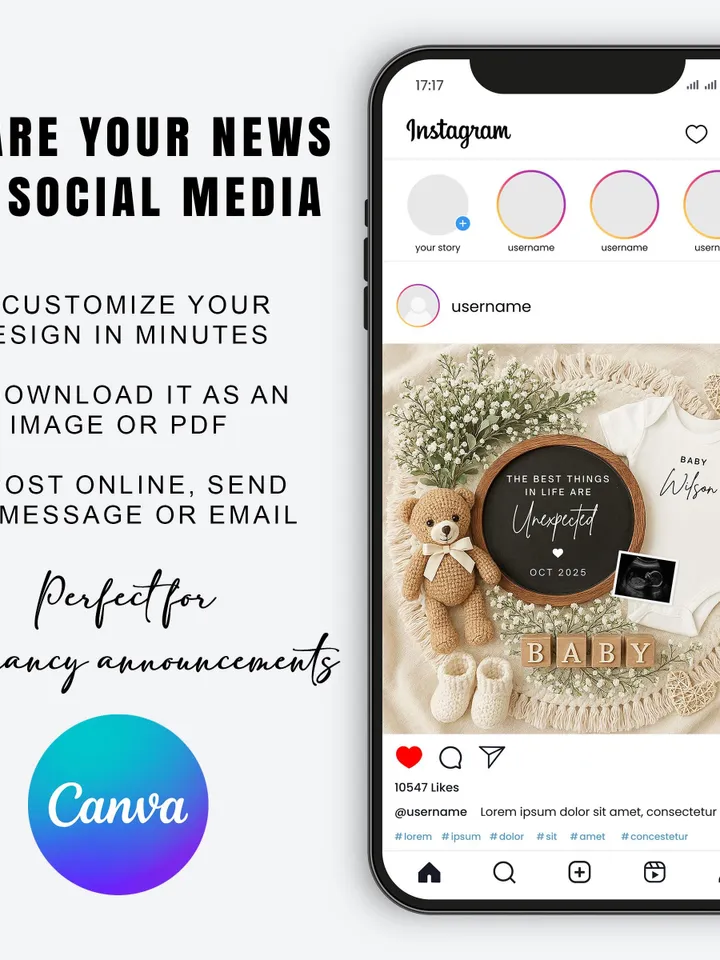 Pregnancy Announcement Digital Canva Template Unexpected Baby Reveal Editable Gender Neutral Boho Style Baby Announcement for Social Media