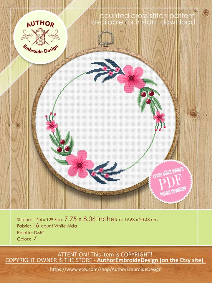 Flower wreath cross stitch pattern PDF Floral frame cross stitch chart, Easy cross stitch border, Your text here, Flowers hoop art #Y1