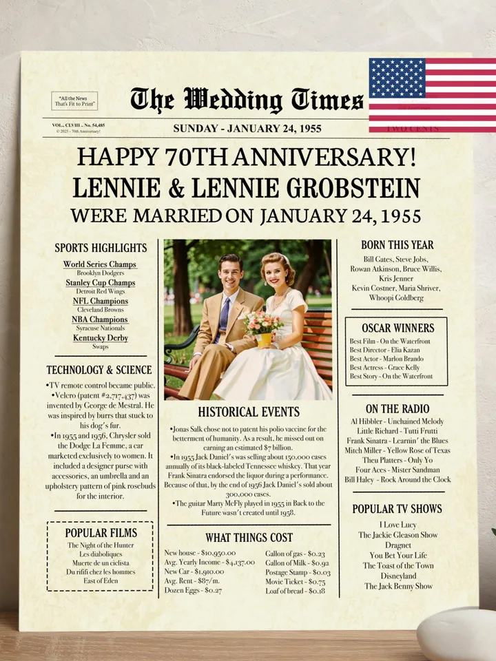 70th Wedding Anniversary Gift for Couple, 1955 Anniversary Newspaper, 70th Anniversary Decorations, Digital Printable Poster